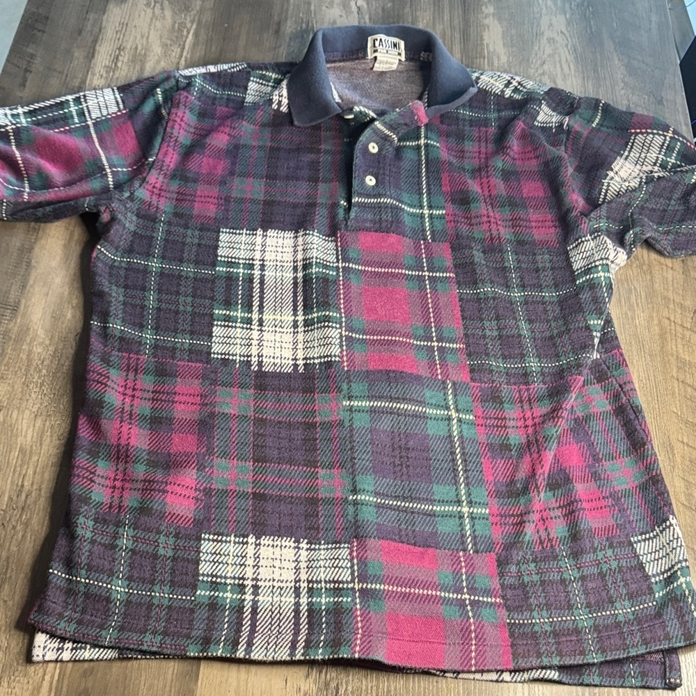 Vintage Plaid Grandpa Polo Sweater Shirt 100% Cotton in Purple and Magenta